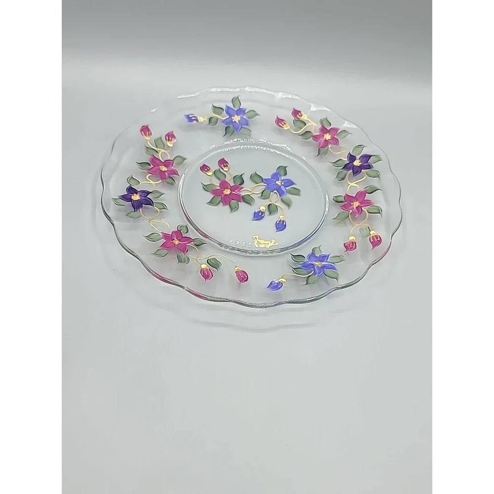 Art Glass Serving Dish Plate Signed Reverse Hand Painted Flowers Floral 9" - Picture 10 of 11